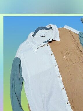 Chic Colorblock Button-Up Shirt Jacket in White, Tan & Teal Oversized